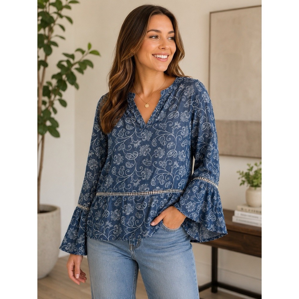 Madeline & Monroe Paisley Chambray Blouse Size 1X-2X Peplum Long Bell Sleeve